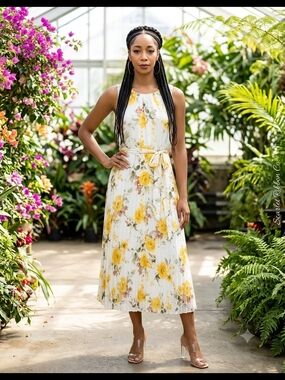 ​✨ Stunning Studio 1 New York Yellow Floral Pleated Midi Dress